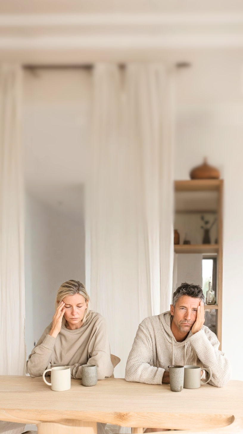 Two people sitting at a table with coffee cups, appearing tired.