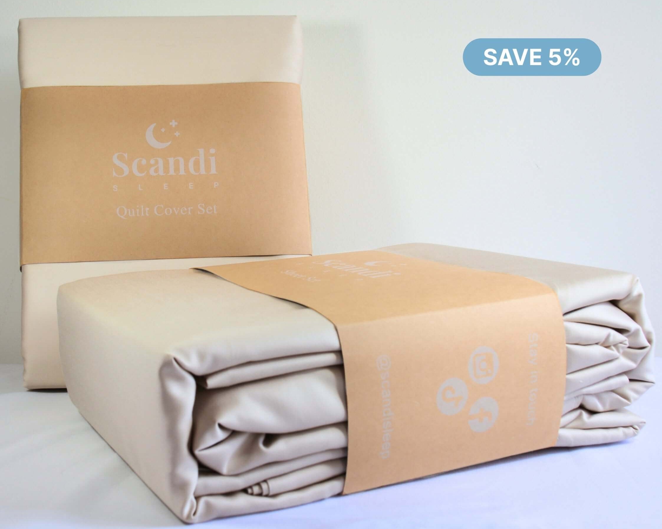 Folded beige quilt cover set with packaging and 'Scandi' branding on a light background. Save 5%