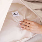 close up of bamboo cotton beige pillow deep envelope fold