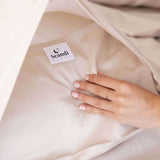 close up of bamboo cotton beige pillow deep envelope fold
