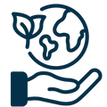 Icon of a hand holding the world with a leaf, symbolizing environmental protection.