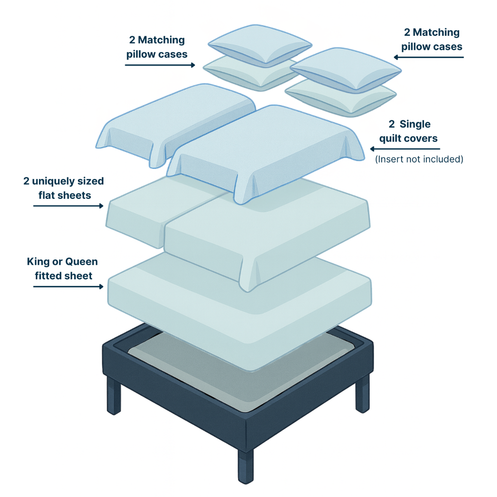 A diagram showing the Scandi Sleep bundle layout with a fitted sheet on the bottom, two flat sheets over the top laying side buy side, with 2 single quilt cover over the top laying side by side followed by matching pillows