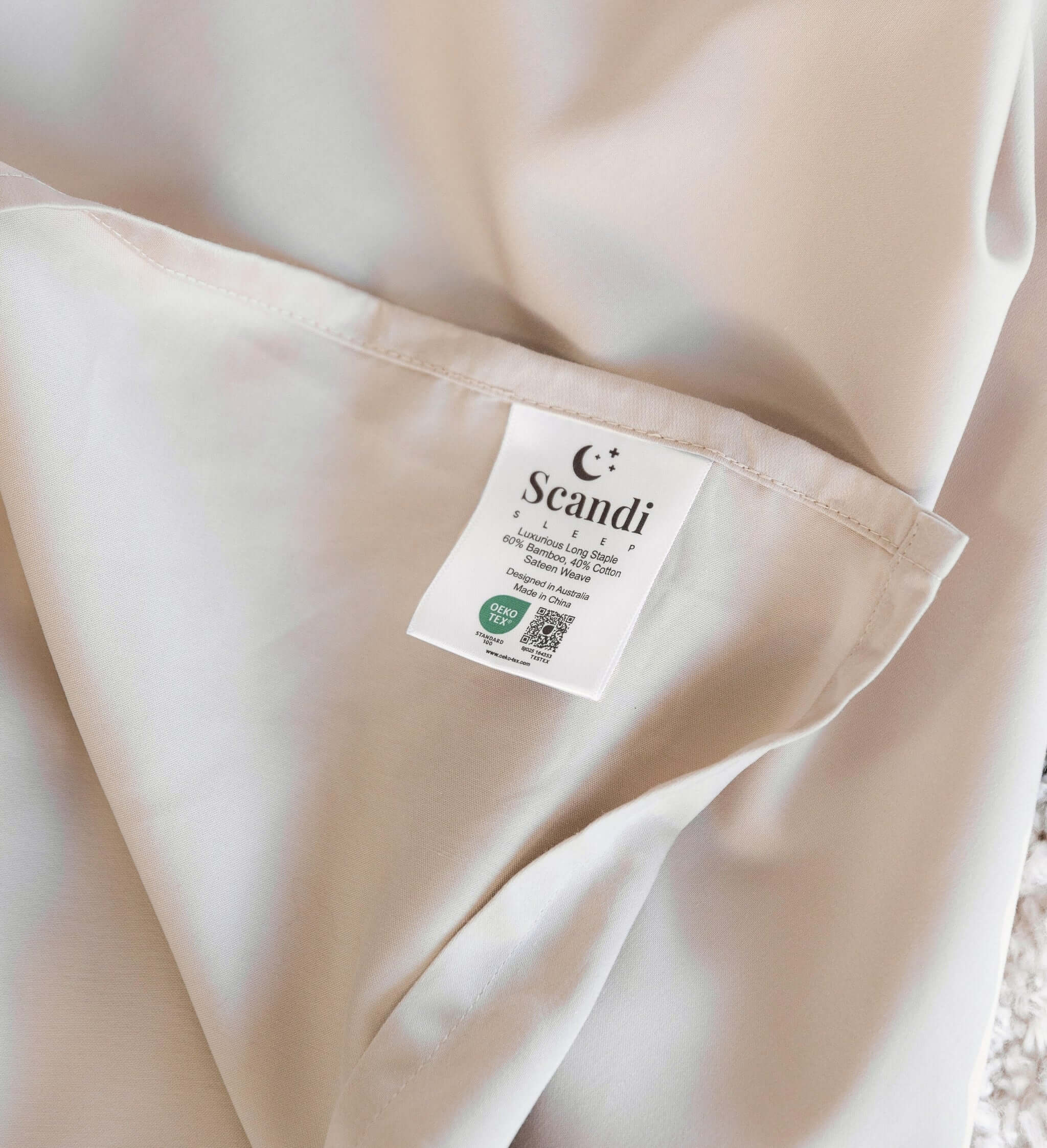 Close-up of bamboo cotton sateen weave in beige
