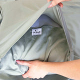 close up of eucalyptus green bamboo cotton deep fold pillow closure