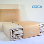 Folded beige quilt cover set with packaging and 'Scandi' branding on a light background. Save 5%