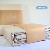 Folded beige quilt cover set with packaging and 'Scandi' branding on a light background. Save 5%