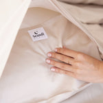 close up of bamboo cotton beige pillow deep envelope fold
