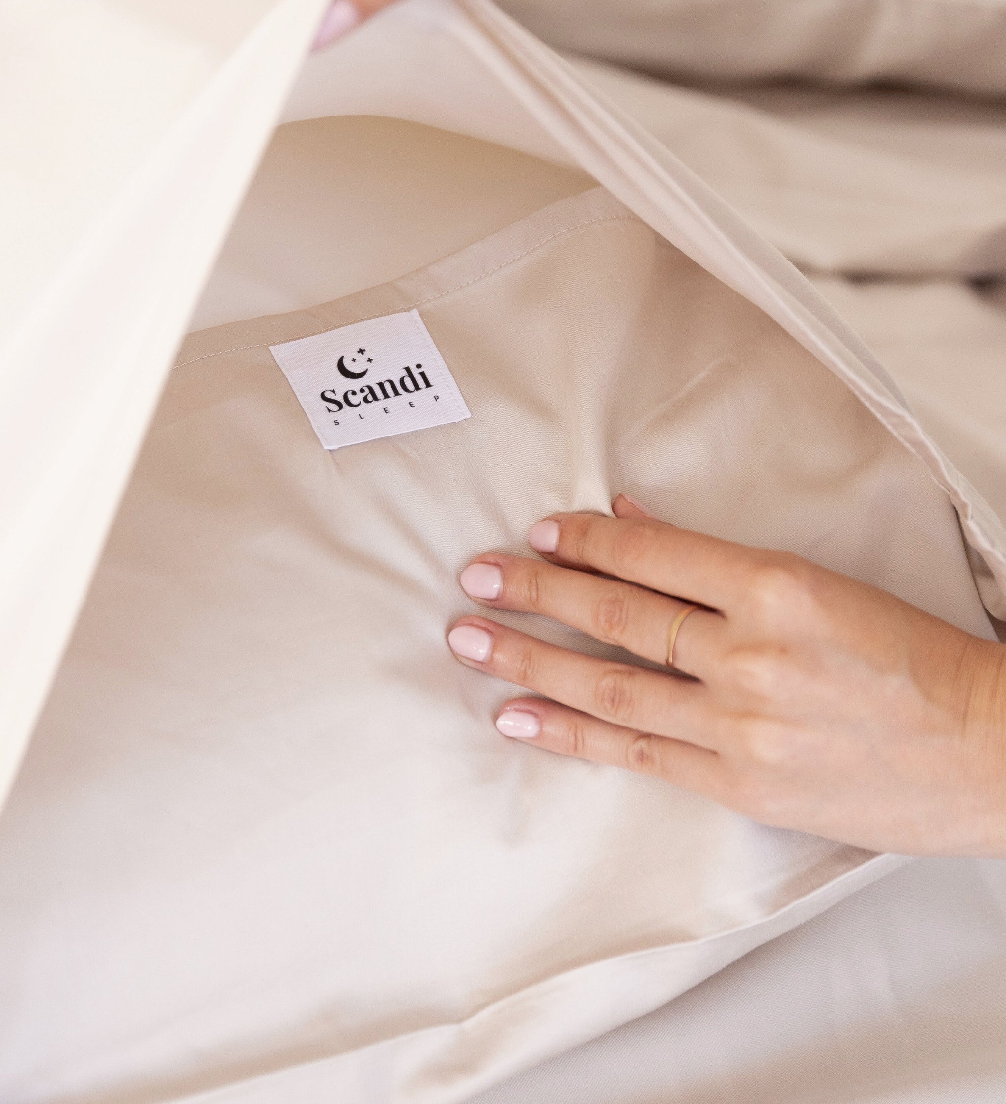 close up of bamboo cotton beige pillow deep envelope fold