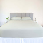 bed styles with grey sage fitted sheet and 2 matching pillows with grey headboard