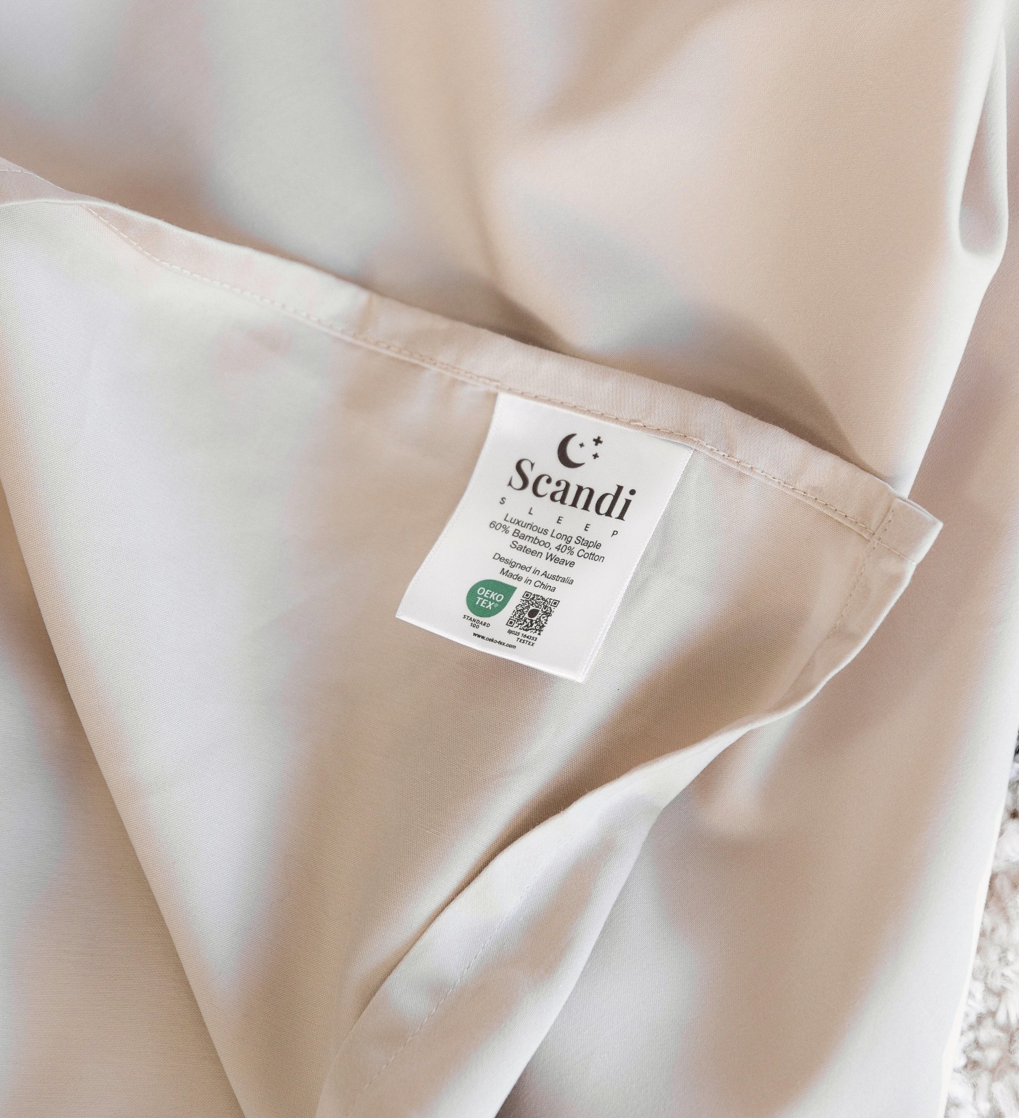Close-up of bamboo cotton sateen weave in beige