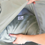 close up of eucalyptus green bamboo cotton deep fold pillow closure