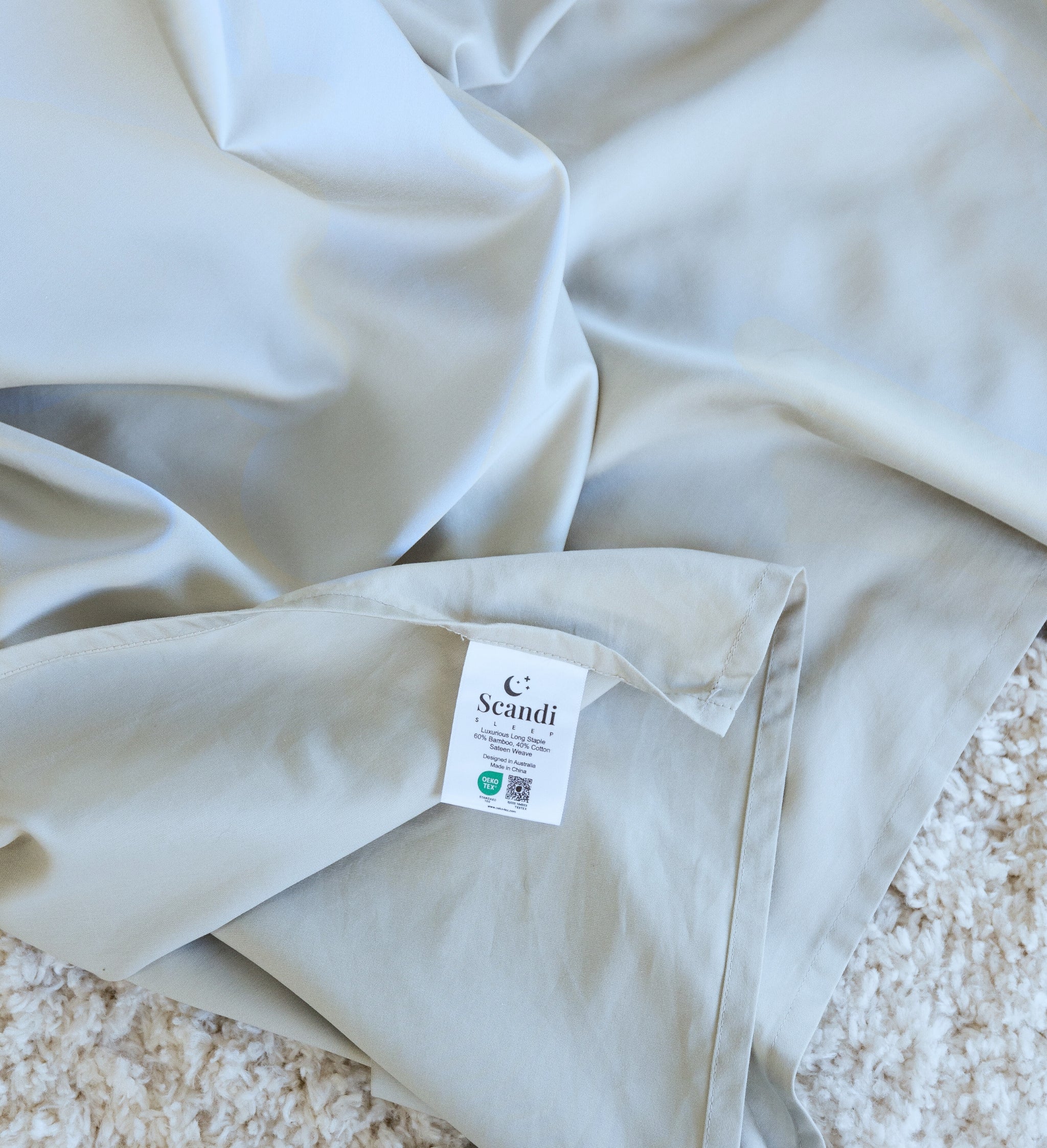 Close-up of bamboo cotton sateen weave in grey sage